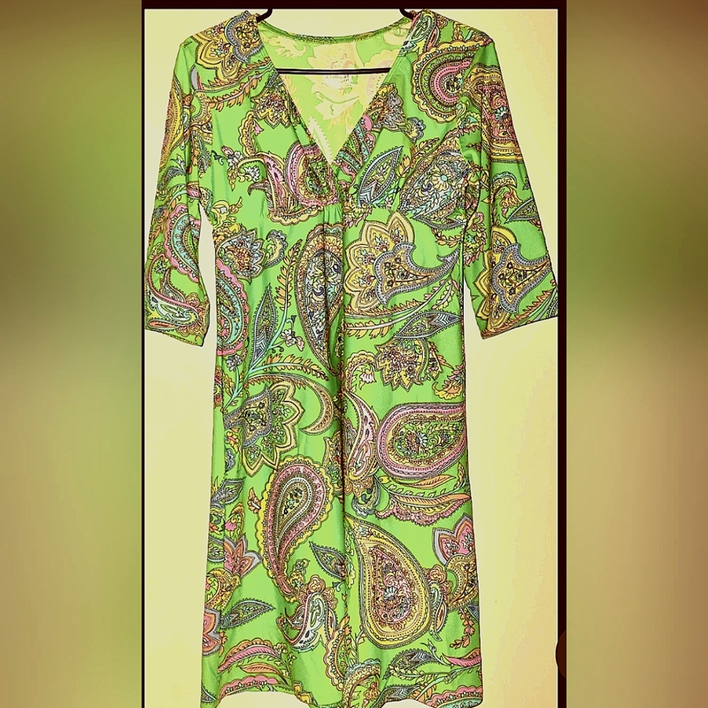 Fitted Upper, Criss Cross V neck, Vibrant Summer Dress Size L (12 - 14)